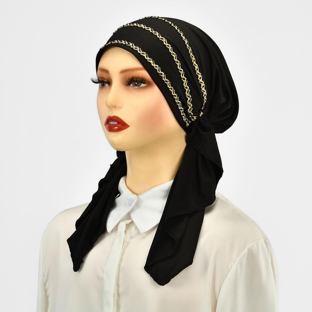 Women Golden Stripes Elastic Hat Cap Muslim Hijab Headband Middle East Instant Scarf Hijab Islamic Turban Bandana