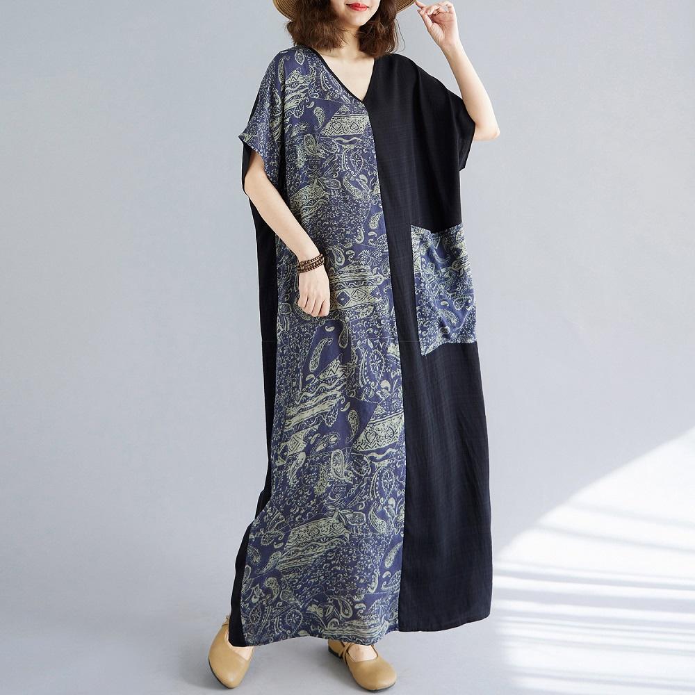 Короткий рукав Плюс размер винтажный пэчворк новые платья для женщин повседневное свободное длинное летнее платье