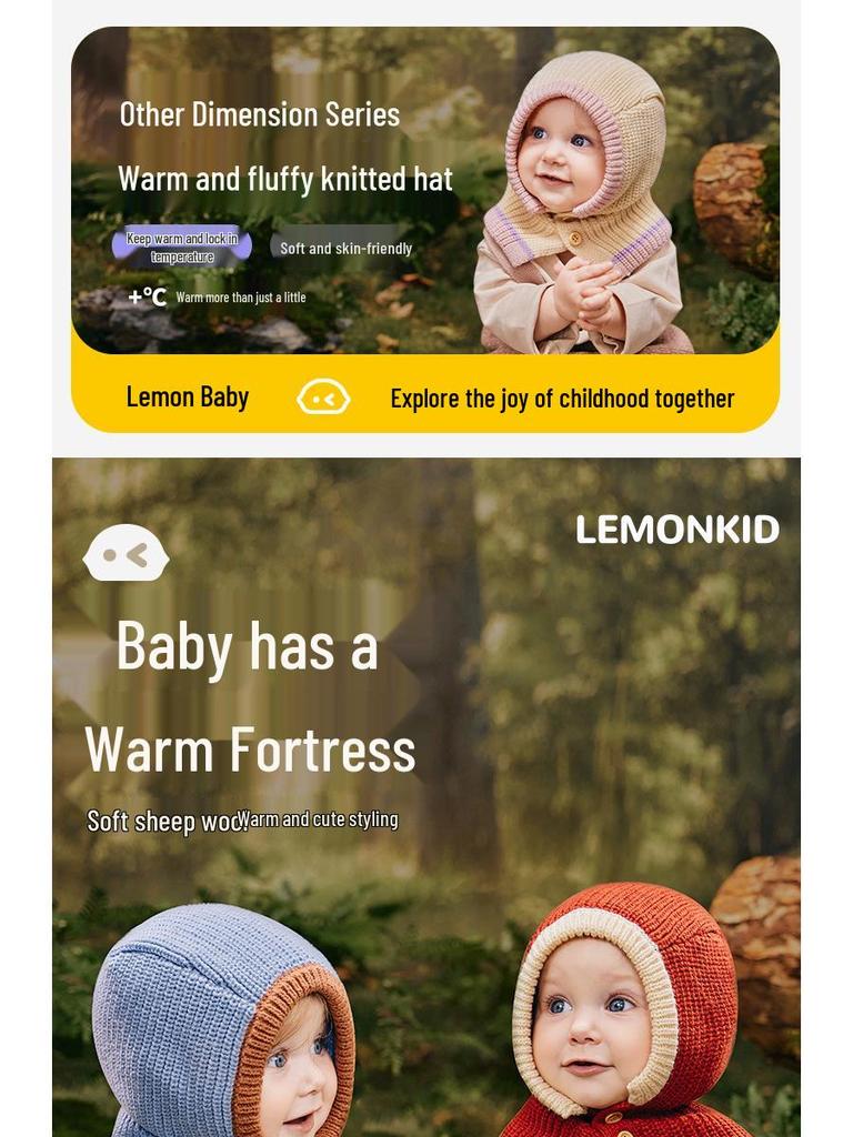 Набор вязаных шапочки и шали из лимонной детской шерсти - Теплая, ветронепродуваемая осенне-зимняя шапочка для младенца