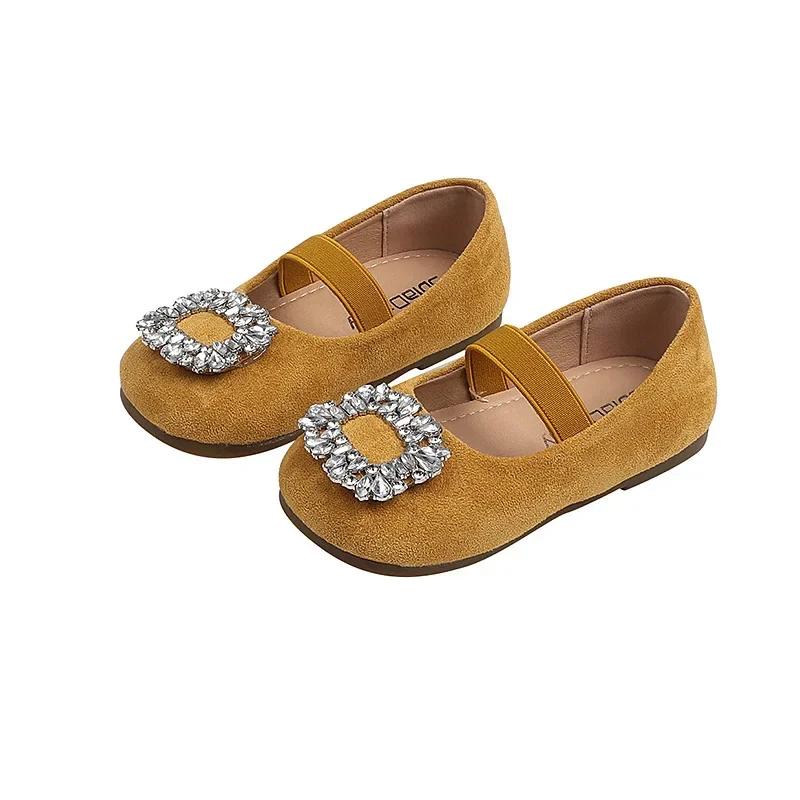 Children Girls Leather Shoes Luxury Rhinestone Kids Fashion Ballet Flat Shoes Elegant Versatile Princess Causal Shoes Slip-on