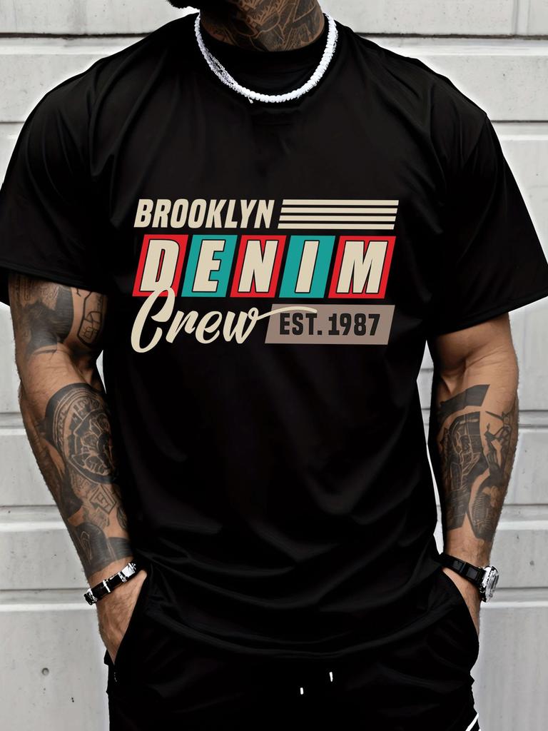 Men Crew Neck Tee Brooklyn Denim Crew Retro Color Text Print Short Sleeve Summer Loose Soft Com
