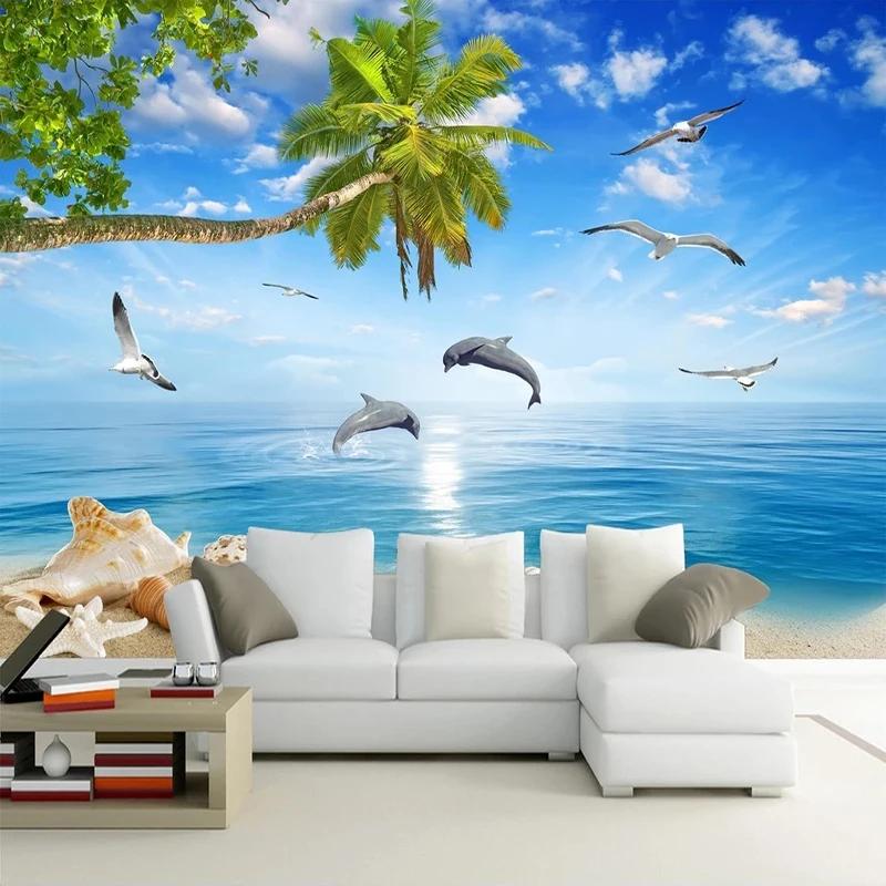 Mural Summer Seascape Dolphin Coconut Tree Landscape Poster Living Room TV Background Photo Wall Paper 3D