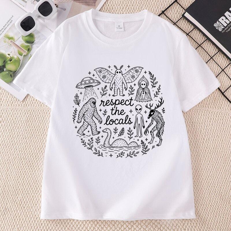 Respect The Locals Cryptid TShirt Comfort Bigfoot MothUnisex Alien Graphic Tee Cotton Short Sleeve Streetwear Crewneck Tops