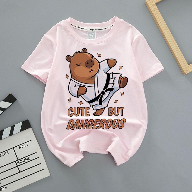 Capybara Summer Childrens Wear Shortsleeved Capybara Cute Childrens Roundneck Pink Trendy Brand Breathable Tshirt