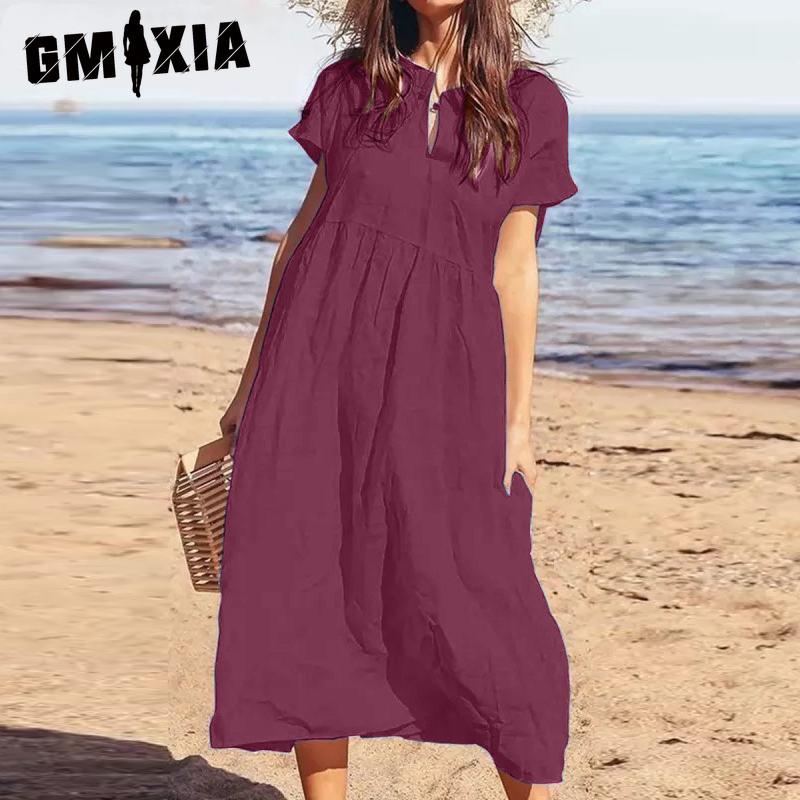 GMXIA Women's Fashion Summer Spring Solid Color Print High Waist Casual Dresses