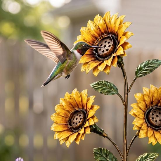 Outdoor Backyard Decorations Vintage Sunflower Hummingbird Feeder, Metal Garden Stake Water Station, Decorative Sturdy Soil Mount Bird Feeder