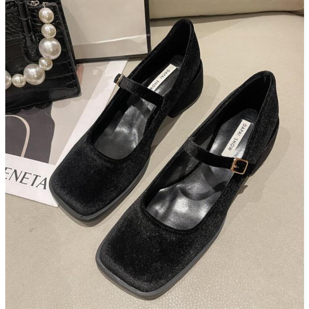 Mary Janes Shoes Female Golden Velvet New Square Toe College Style Casual Pumps Shallow Buckle Shoes High Heel Shoes