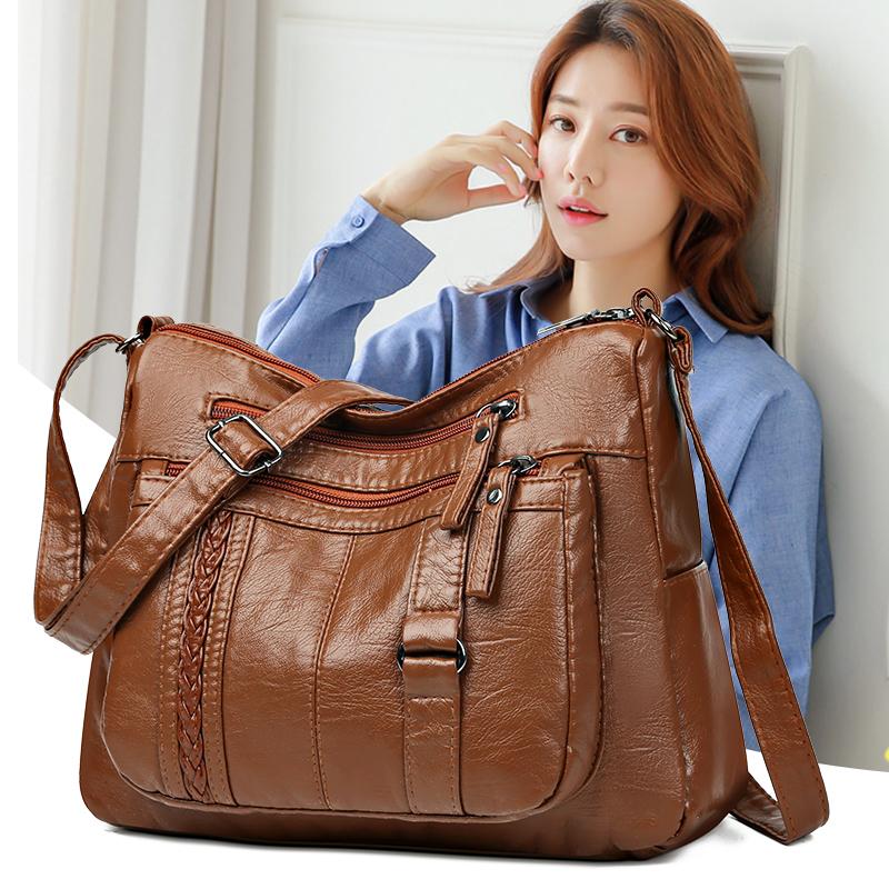 Female Soft Leather Large Capacity Middle-Aged Shoulder Crossbody Bag Multi-Layer Mother Bag
