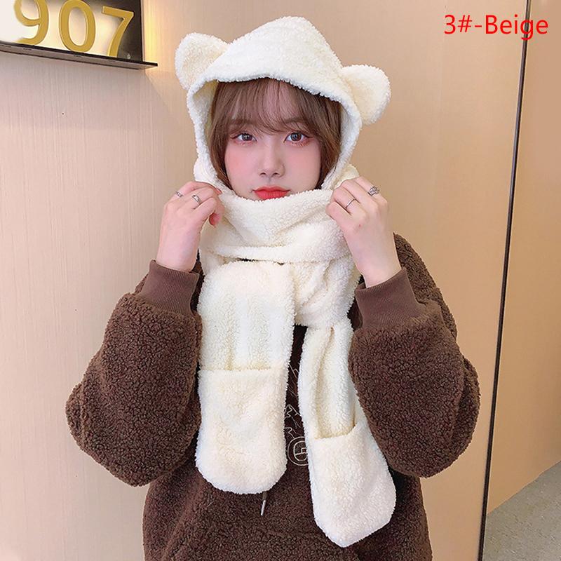 1Pc Cute Bear Ear Hat Scarf Gloves 3-In-1 Winter Warm Hedging Cap Women Windproof Plush Hat Scarf