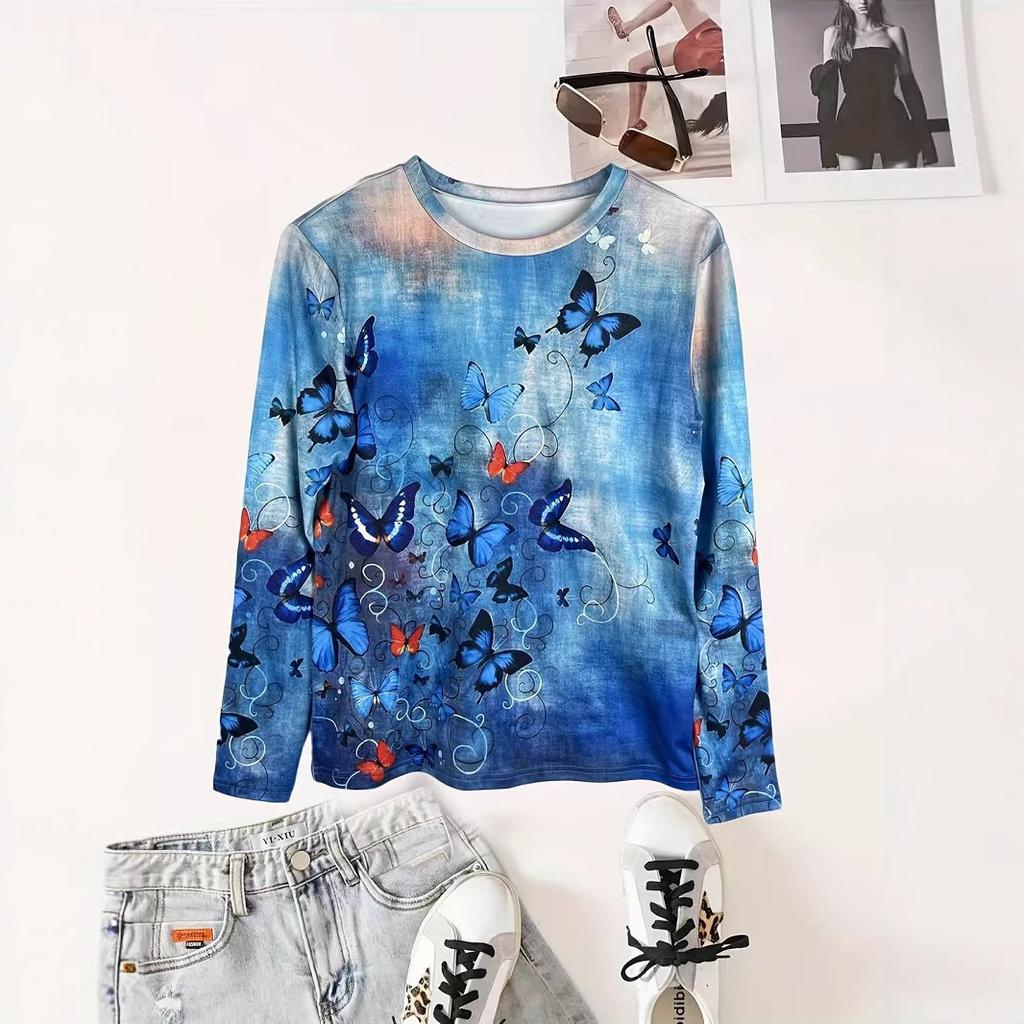 2025 base fashion foreign style new long-sleeved tie-dye foreign trade printing T-shirt, long-sleeved T-shirt slim-fit loose top