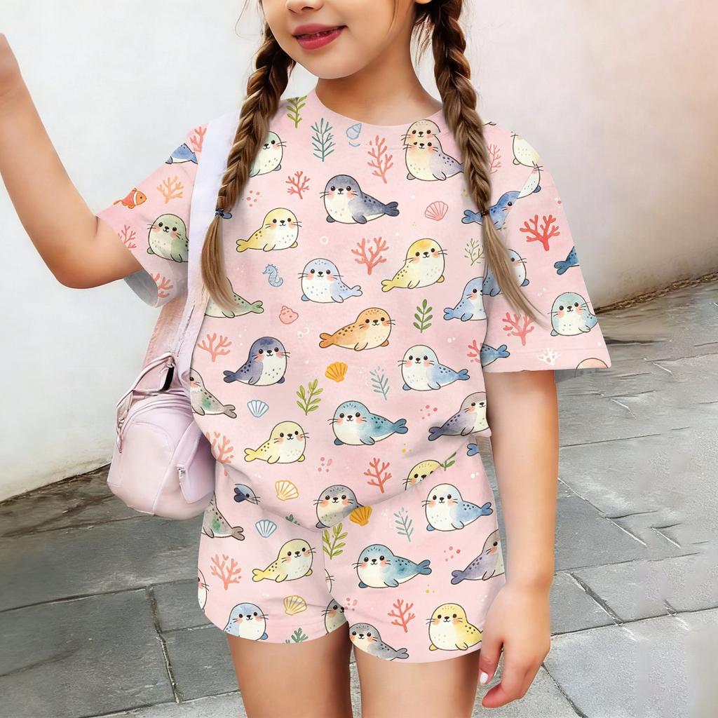 Kids Casual Short Sleeve Top and Shorts Set Animal Print Lightweight Comfortable Summer Outfit for Boys and Girls
