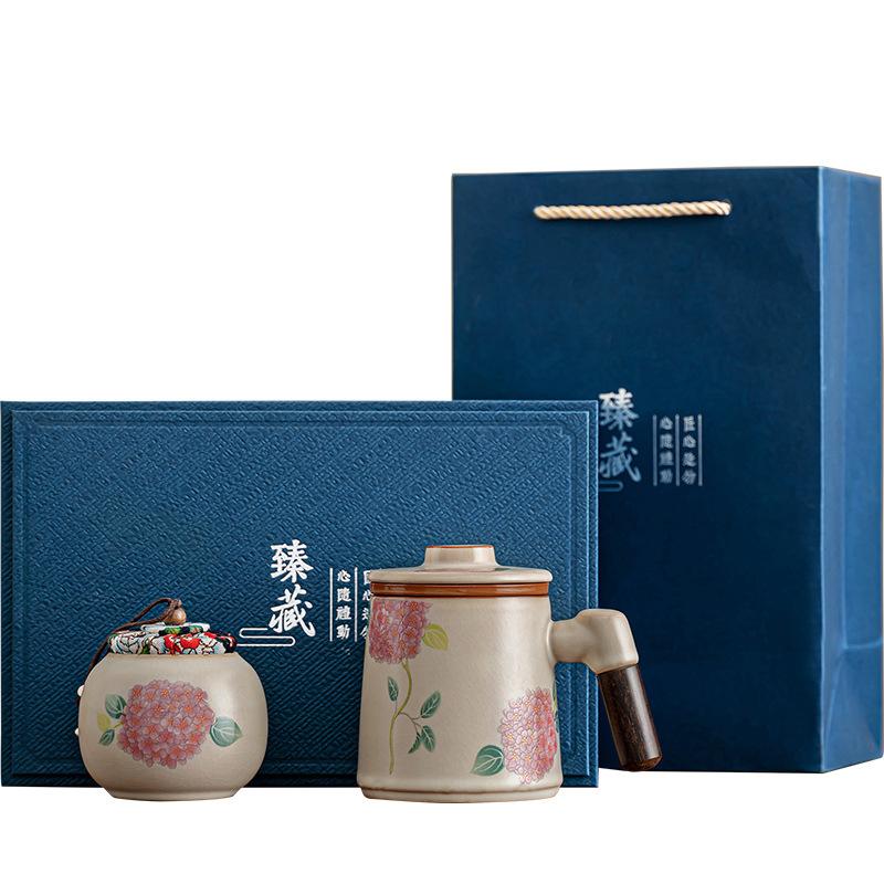 New Chinese Ru kiln powder hydrangea ceramic tea set with lid filter office cup tea can gift box business gift