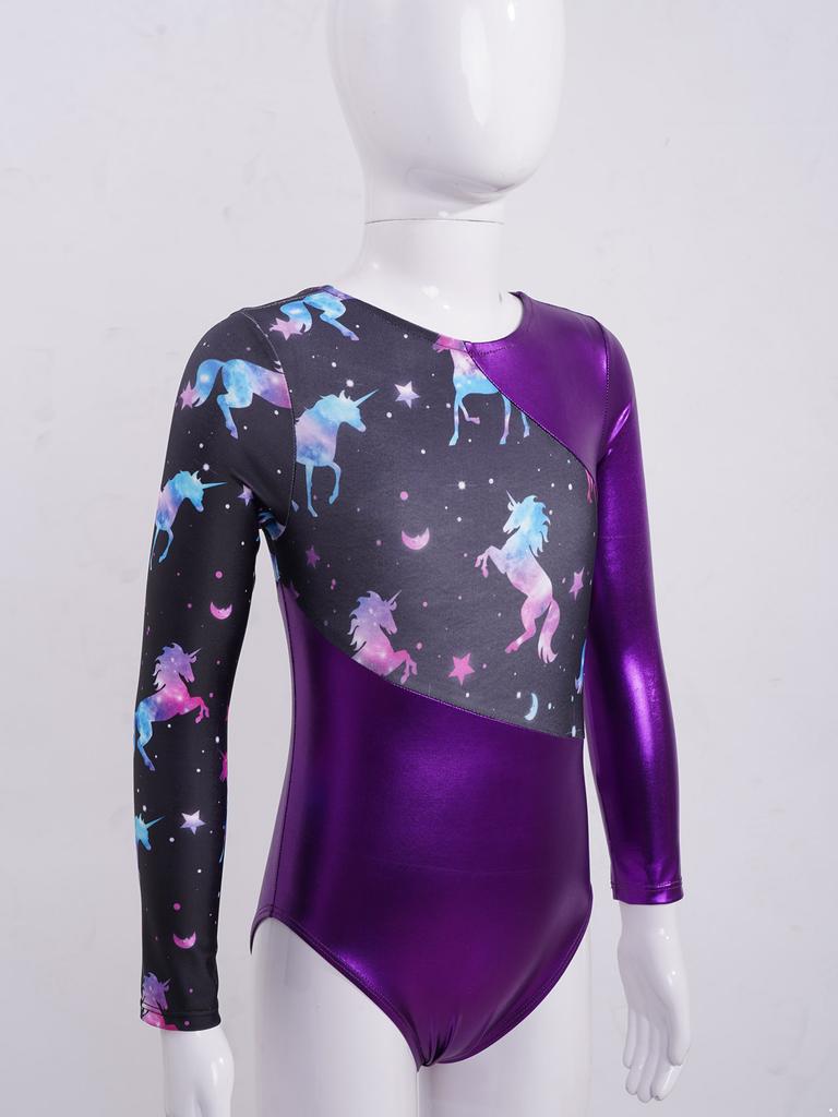 Gymnastics Leotards for Girls Sparkly Dancewear Long Sleeves Printed Jumpsuit Yoga Ballet Dance Clothes