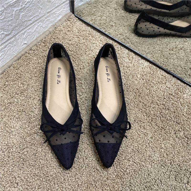 Женская летняя обувь, сексуальные туфли на плоской подошве для женщин 2024 года, с острым носком, прозрачные, с бантом, черные, высокого качества, EA