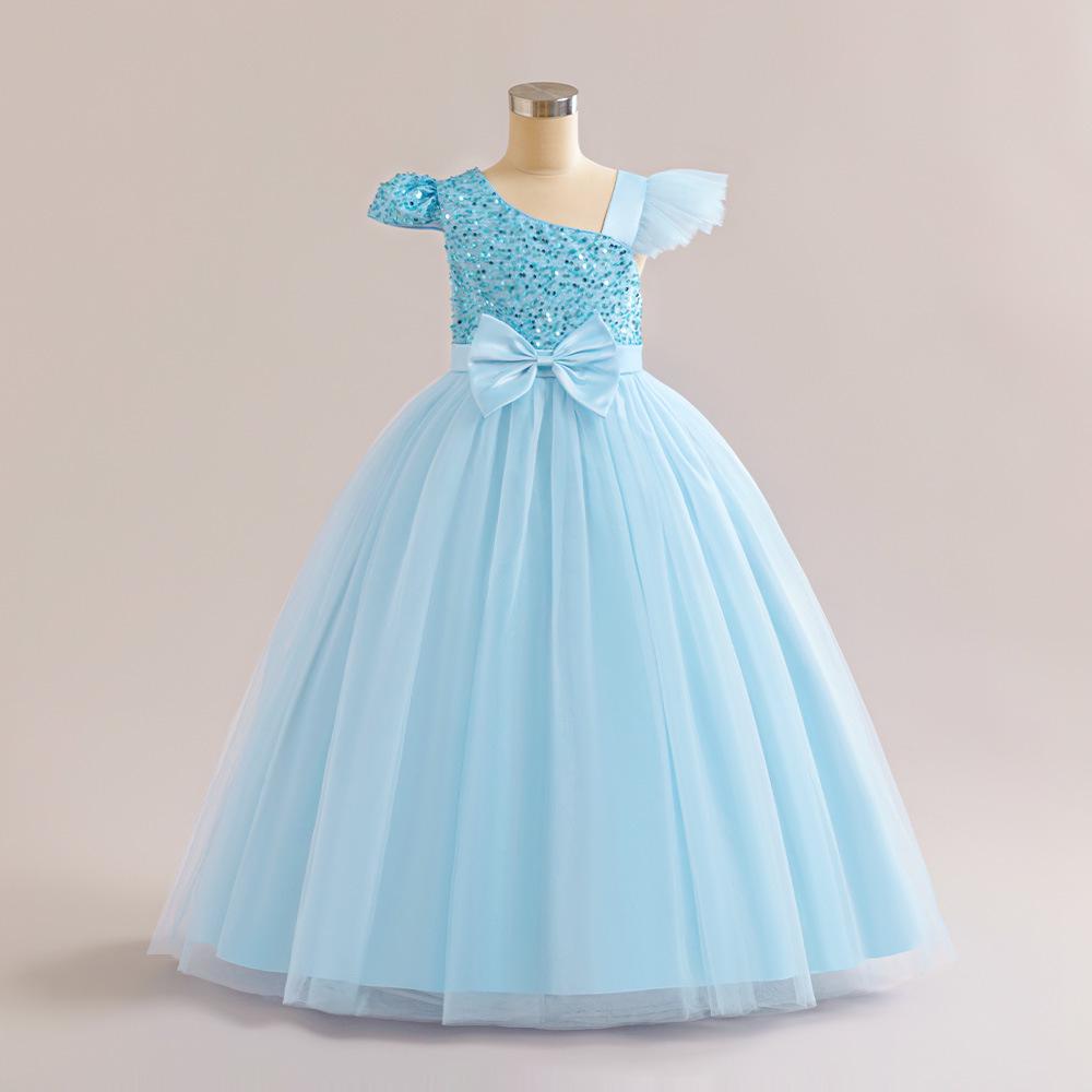 Girls' Sequined Mesh Tutu Dress with Small Flying Sleeves & Bow - Evening & Flower Girl Princess Dress