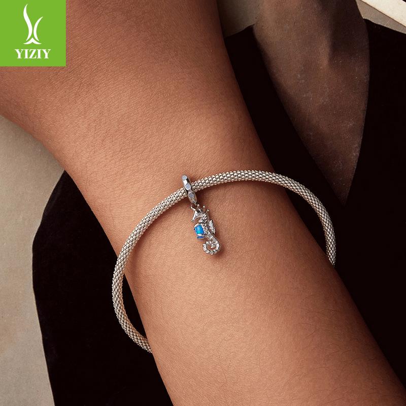 Подвеска Морской конёк из серебра S925, DIY браслет, бусина-шарм, серебряная бусина 925 пробы, аксессуары для ювелирных изделий