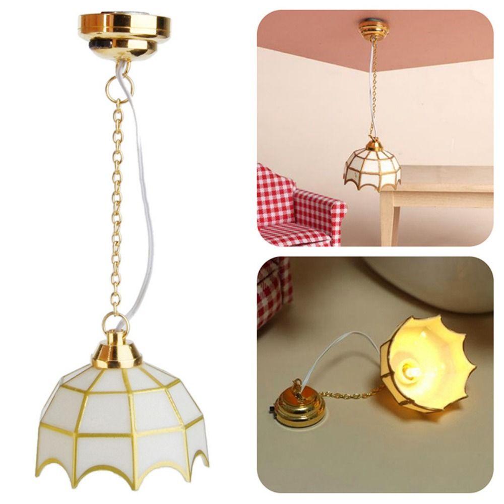 Mini Miniature LED Golden Light 1:12 Ceiling Lamp Chandelier Lighting Model Doll House Accessories