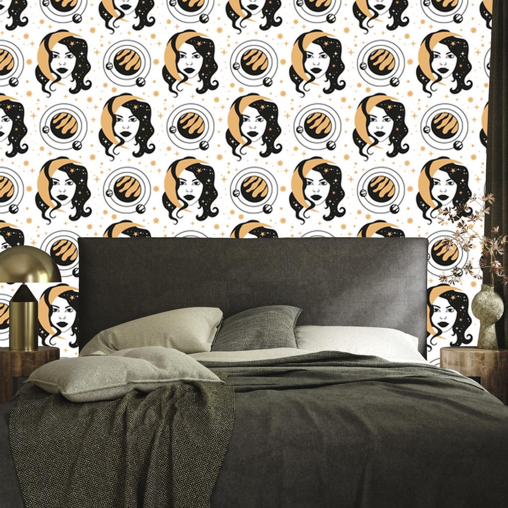Women and Astrology Wallpaper Graphite, Brown, Cream and Gold 50x1000