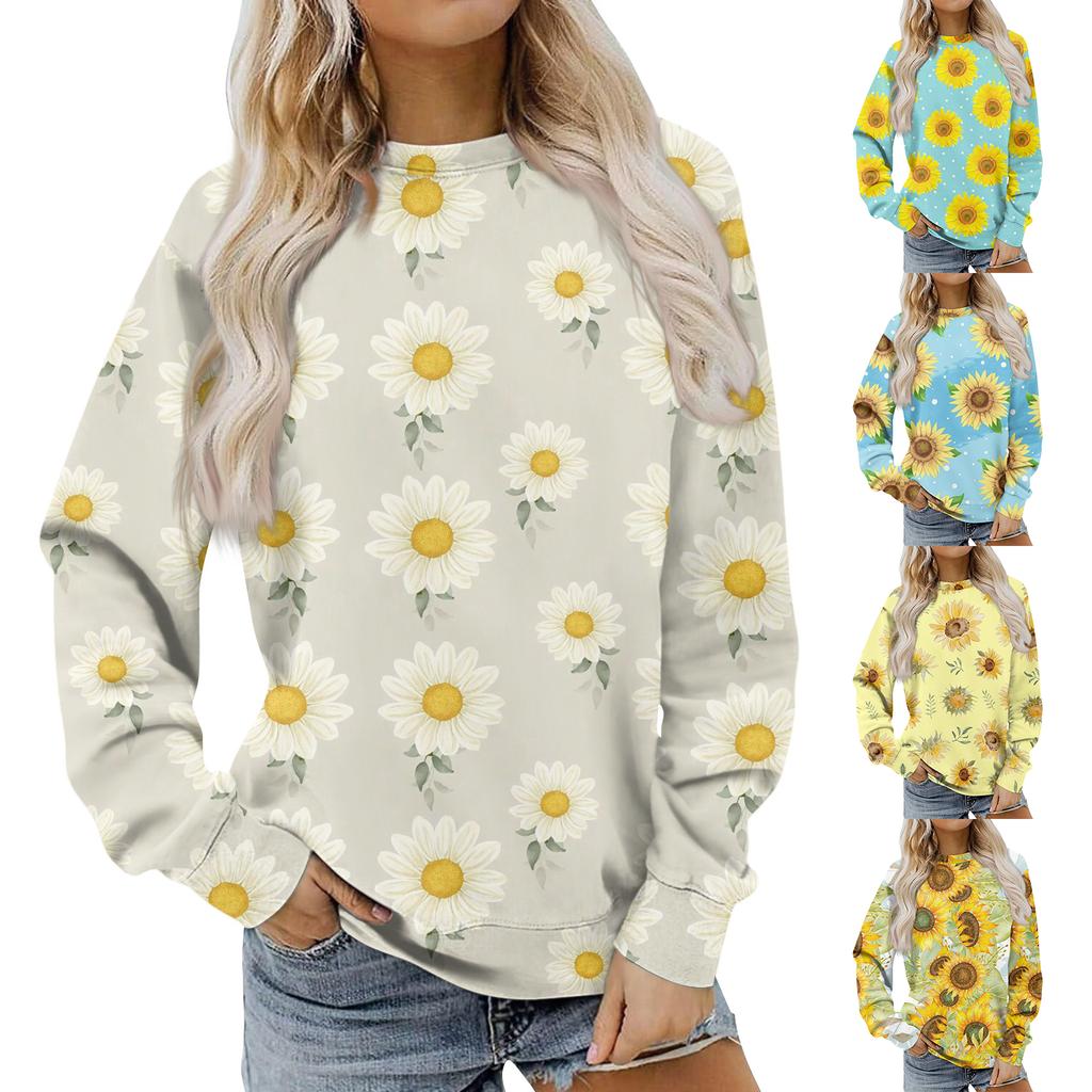 Women's Fashion Flower Printing Round Neck Sweater Top
