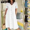 Women Summer Casual Cotton V-Neck Short Sleeve Button Dress
