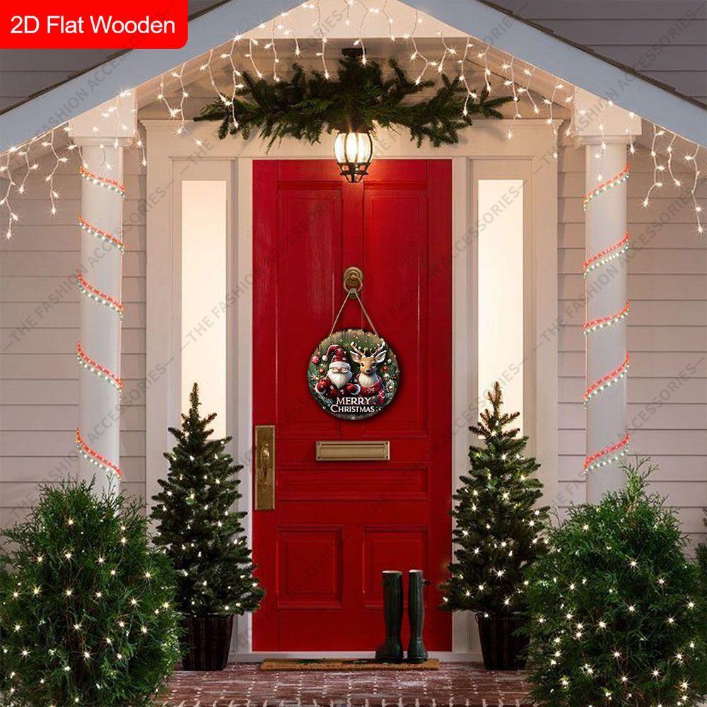 Santa Gnome Reindeer Merry Christmas Round Flat Wooden Hanging Sign
