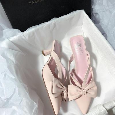 2025 новый бант корейская версия верхняя одежда литературный ретро французский элегантный толстый каблук нескользящие тапочки с сумкой на голове крутые тапочки женские