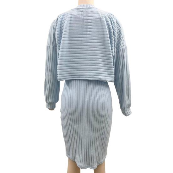 2 Pcs/Set Women Top Dress Suit Mock Collar Thread Long Sleeve Sweater V Neck Sheath Slim