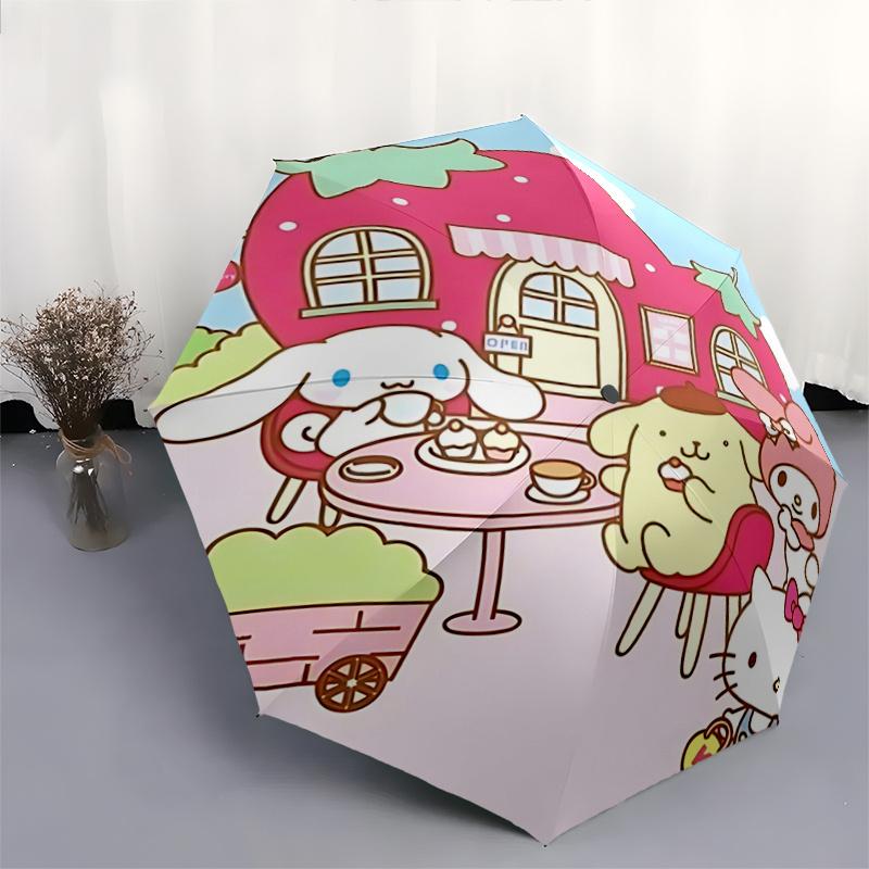 1pc Strawberry House with Hello Kitty & Friends - Automatic Opening Umbrella, Portable Folding Design, 8-Rib Iron Frame Outdoor Umbrella, Perfect Gift