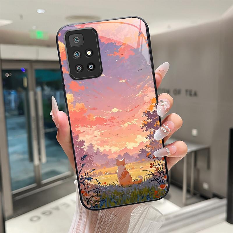 For Xiaomi Redmi 10 Prime 2022 Phone Case Tempered Glass Hard Shell flower Cute cats Coque For Redmi10 10Prime 2022 Back Cover