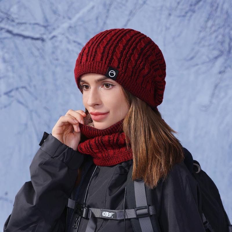 Winter Outdoor Warm Hat Scarf Two-piece Set Fleece Ear Protector Pullover Hat Women's Cold-proof Knitted Wool Hat