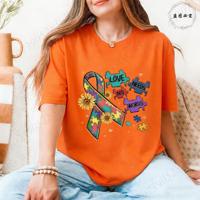 Autism Awareness Women Top Love Needs No Words Puzzle Graphic Tshirts O Neck Short Sleeve Summer Oversized FeUnisex Clothes