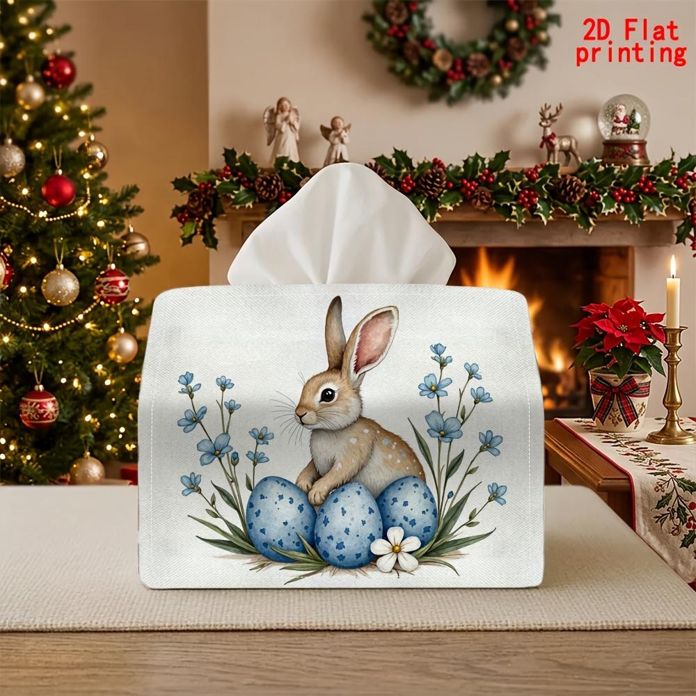 2D Flat 1pc, Tissue Box. Rabbit, Egg, Blue Flower Pattern Napkin Dispenser, Reusable, Daily Desktop Tissue Organizer, Suitable for Kitchen Living Room