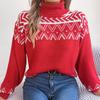 Осень и Зима Этнический Стиль Ретро Жаккардовый Рукав-фонарик Пуловер С высоким воротом Женская Одежда