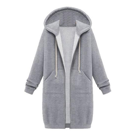 Women Sweatshirt Coat Hooded Adjustable Drawstring Long Sleeve Coat with Pockets Solid Color Mid-length Outerwear