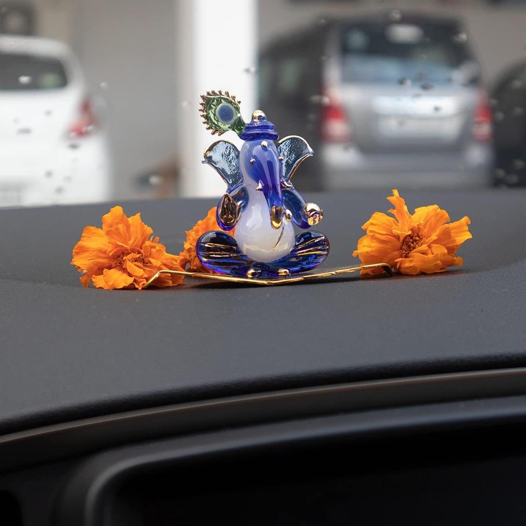 Ganesh Sitting with Leaf Statue (Murti) Idol Showpiece Handmade of Crystal Glass for Worship, Decoration, Car Dashboard, Gift
