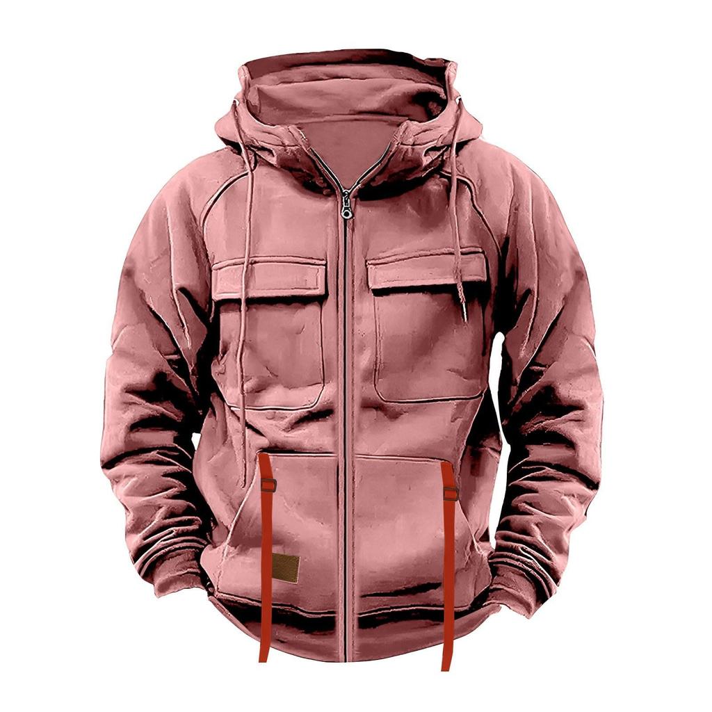 Men's Fashionable Solid Color Long Sleeve Hooded Loose Sweatshirt Sports Multi Pocket Sweatshirt Jacket