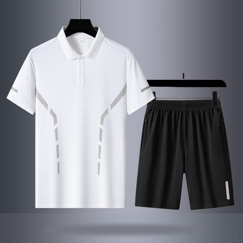 Летний спортивный комплект из ледяного шелка, мужской, с коротким рукавом, для среднего возраста, для отдыха, комплект из двух предметов