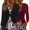 2025 Autumn Women's Plaid Layered Fake Two-Piece Long-Sleeve Top