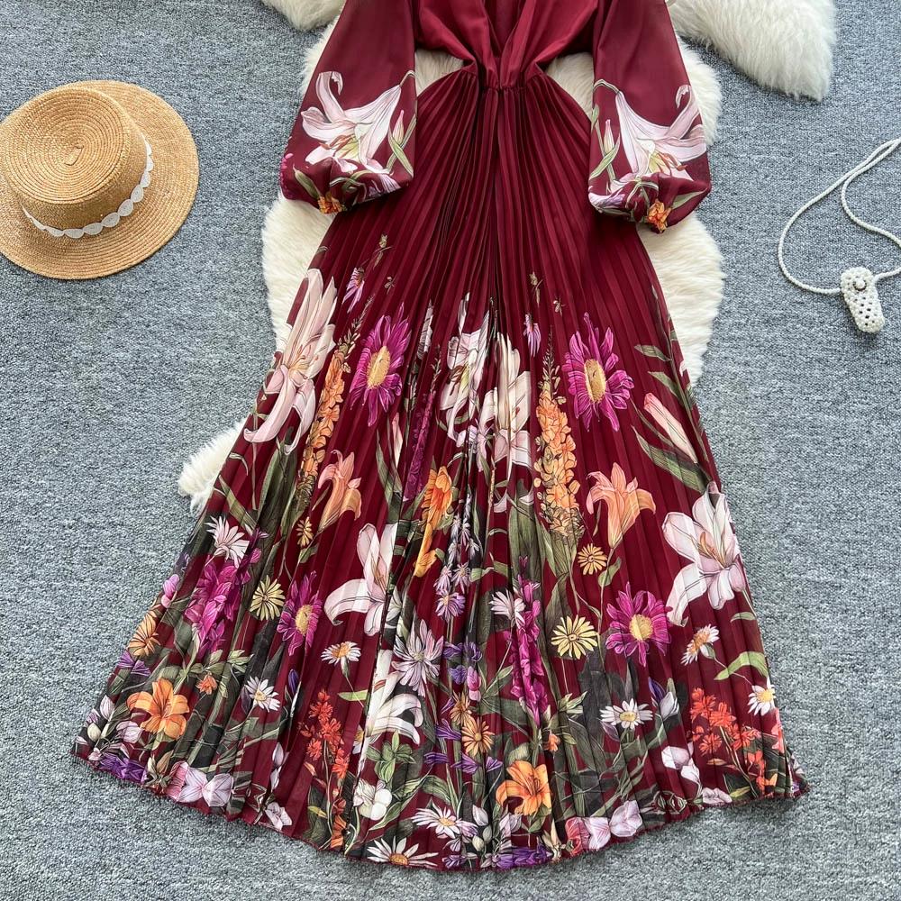 Платье с принтом высокого класса для женщин Весна Осень Приталенное и элегантное плиссированное длинное женское платье