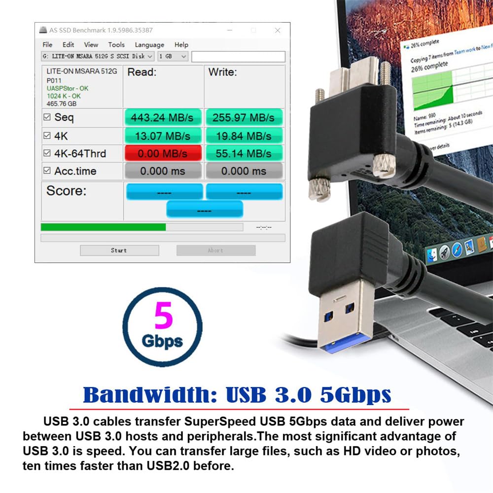 Xiwai 90-градусный USB A папа-хост к штекеру с фиксирующими винтами и передачей данных 5 Гбит/с для дисковых камер, угловой 3.0 Micro-B 3.0 панельный, кабель, 25 см,