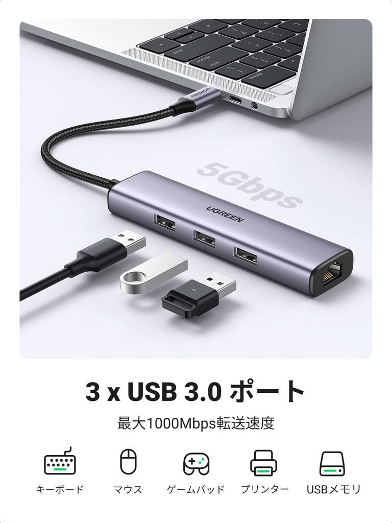 Адаптер UGREEN LAN 1000 Мбит/с C к RJ45 4-в-1 Расширение портов USB-хаб Совместим с MacBook Pro Air iPad Surface Book XPS Chromebook и другими USB-C