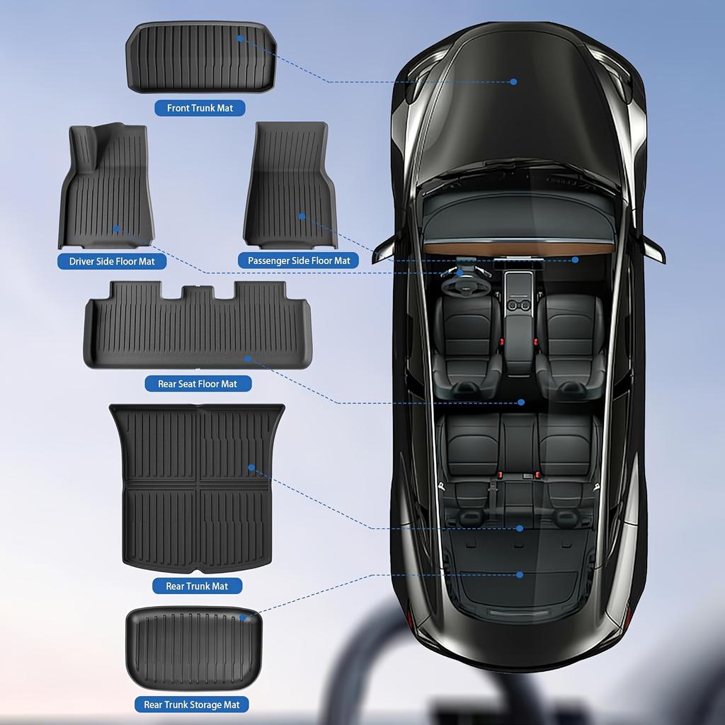 Floor Mats 6-Piece Set for Tesla Model Y Juniper 2025 2026, Front Rear Cargo Liners Waterproof Non-Slip Interior Accessories