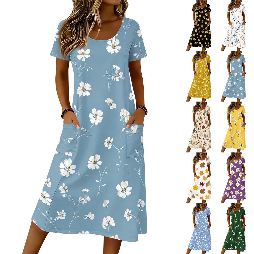 Women’s Short Sleeve Midi Dress with Maple Leaf Print Relaxed Fit Crew Neck Casual Pockets Soft Fabric Comfortable Wear