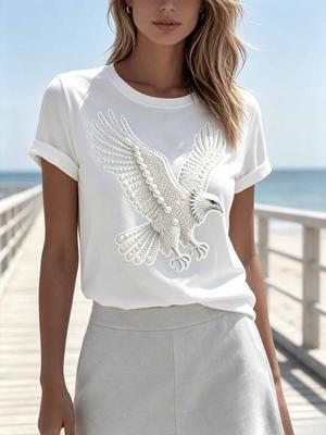 Women's O-Neck Short Sleeve Polyester T-Shirt, Black & White Casual Tee with 2D Eagle Print