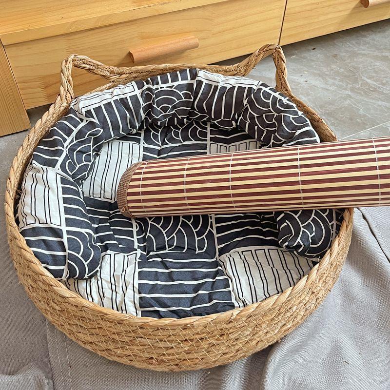 OUZEY Rattan Weaving Cat Basket Pet Cat Bed With Cushion Soft Warm Puppy Kitten Bed Donut Round Comfortable Sleeping Cat House