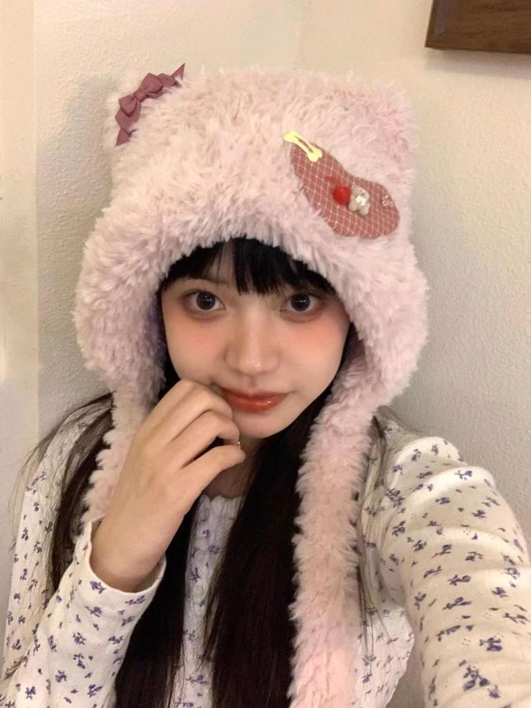 Зимняя шапка плюс флисовая теплая шапка с милым плюшевым медведем и ушами трехцветная шапка для девочек