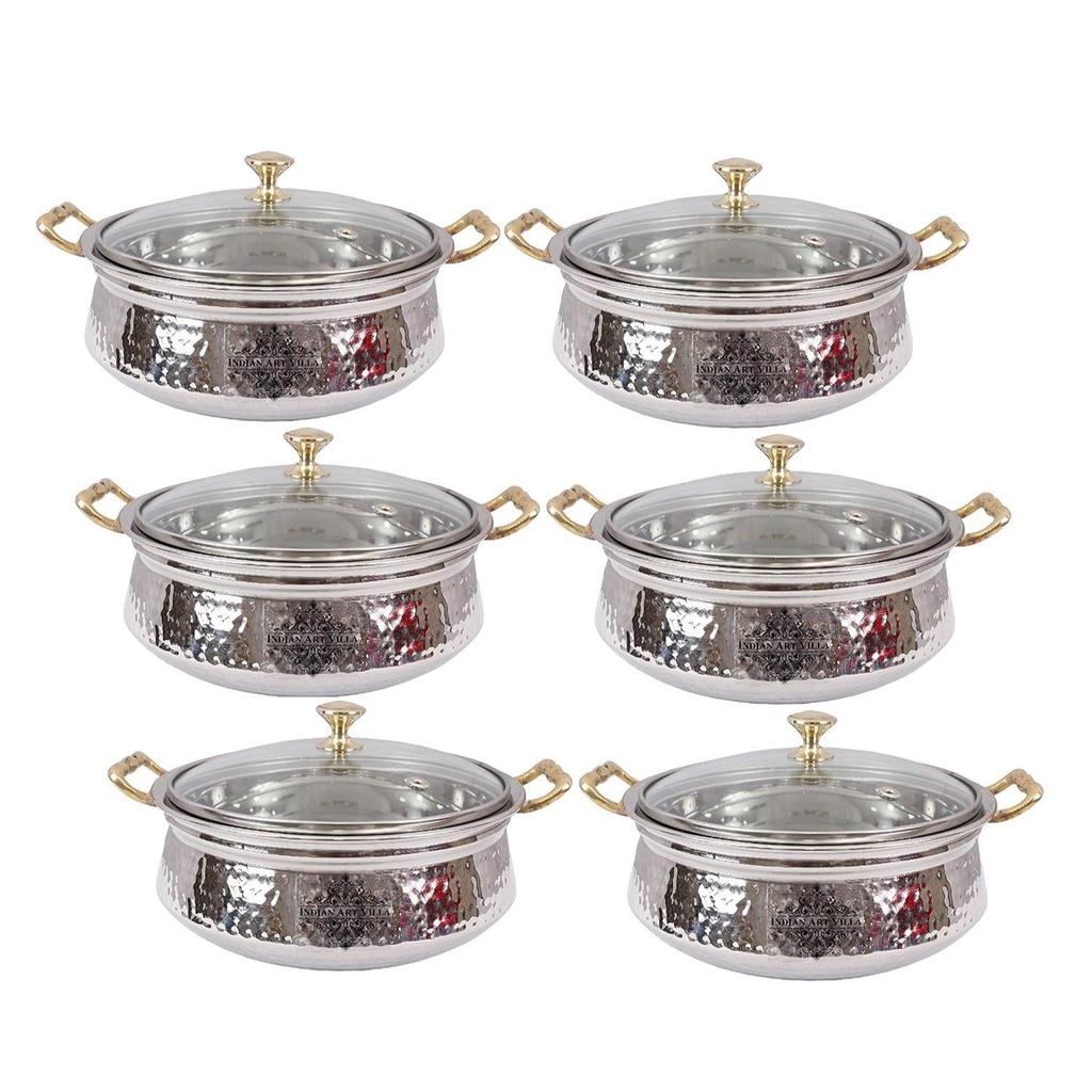 Stainless Steel Hammered Design Handi/Bowl/Casserole with Toughened Glass Lid & Brass Knob & Handles, Volume-400 Ml, Pack of 6