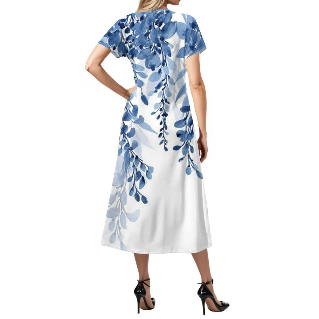Women's Summer Floral Print Dress Short Sleeve Beach Dress With Pocket Casual V-neck Hem Side Slit Dress