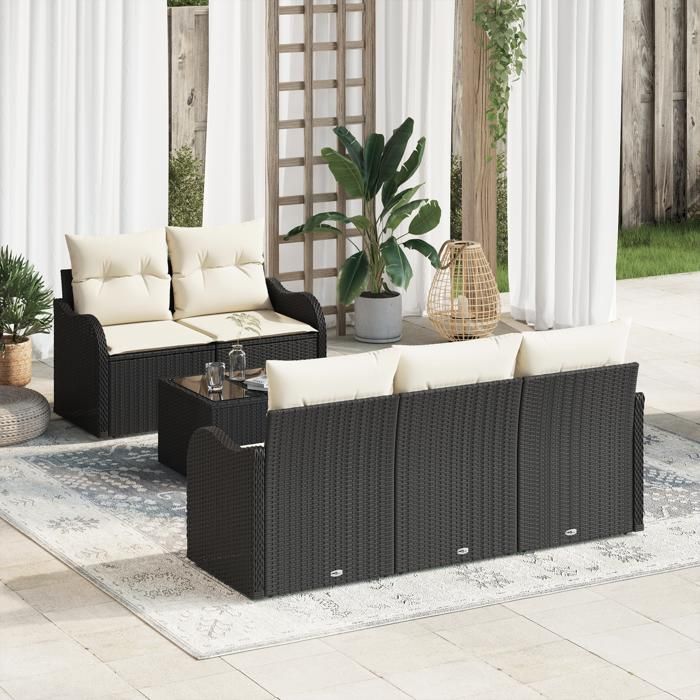 Ensemble de canapé de jardin 6 pièces avec coussins Noir Poly Rotin, Canapé de jardin 2 places avec rangement et coussins 3354246