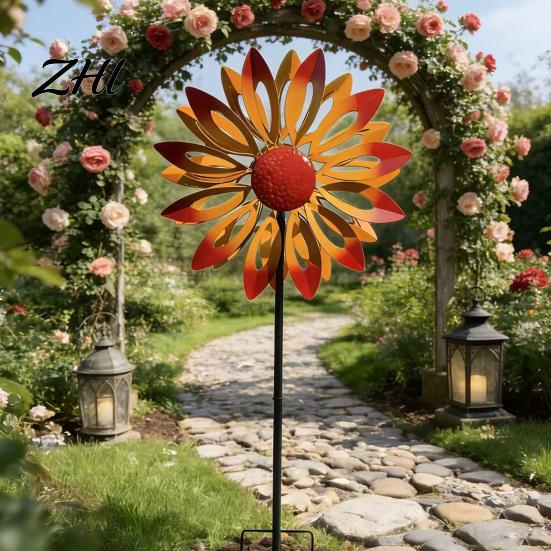 Metal Wind Spinner for Balcony Flower Spinner, 29.5" with Stake, Outdoor Decorative Garden Rust Resistant Windmill Yard Lawn Patio Decoration Home
